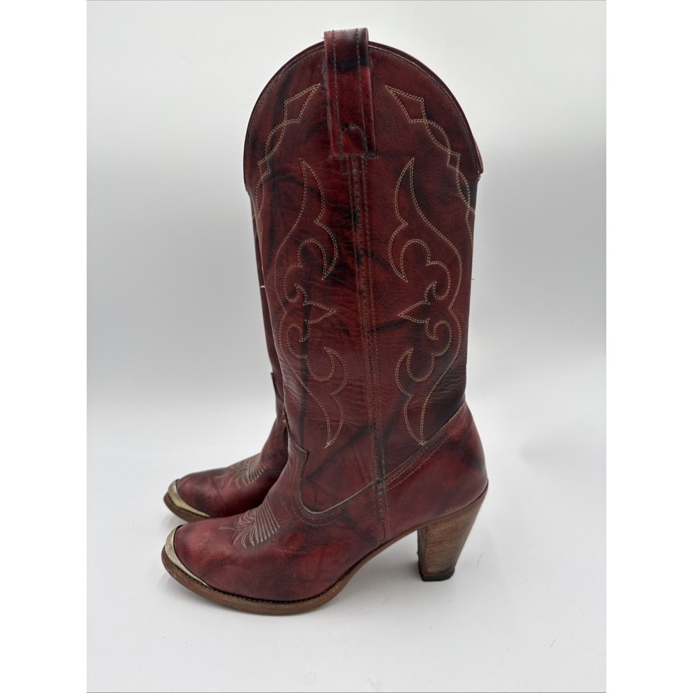 Vintage Women's ACME Red Marbled Cowboy Boots Brass Toe Stitched Heeled 6 M